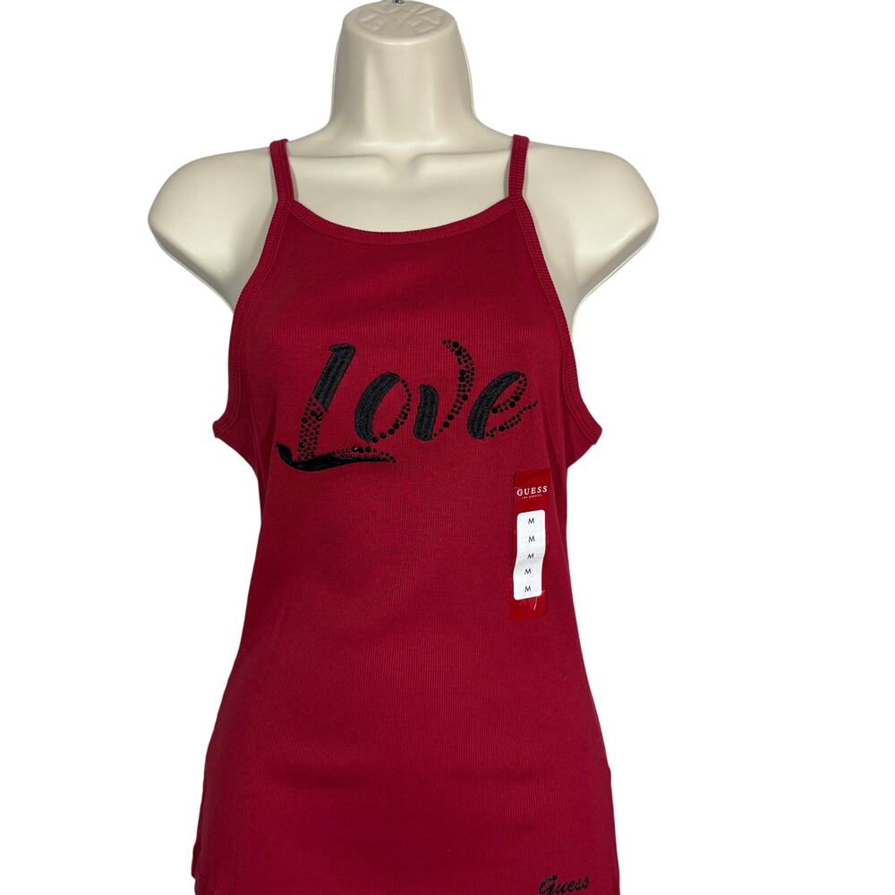 NEW! Guess Ribbed Tank Strappy Red Love Logo Casual Top - M